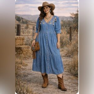 Floral Embroidered Denim Midi Dress